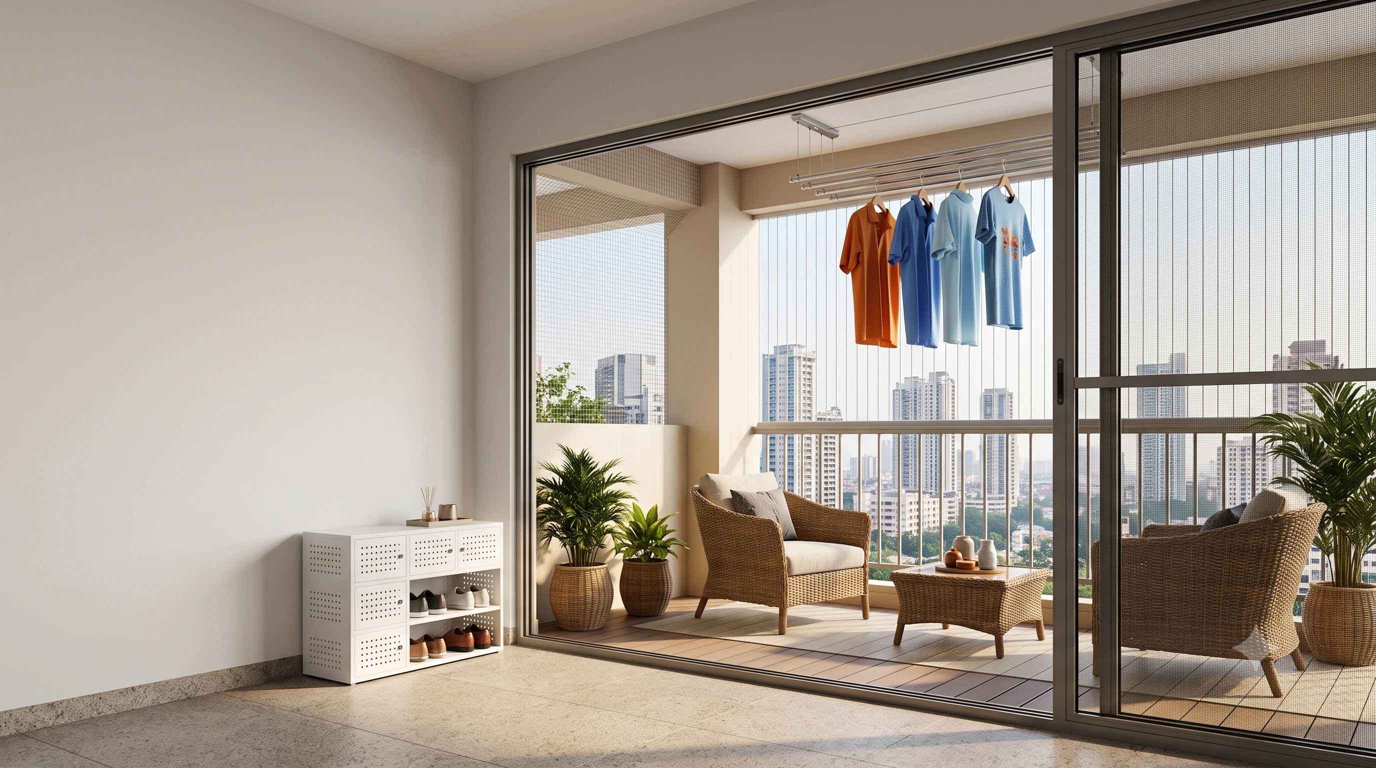 Jindal Stainless Steel Ceiling pulley cloth drying hanger installed on balcony in Hyderabad